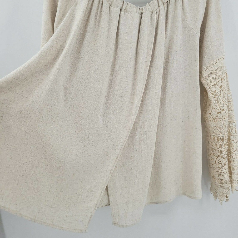 Chrysanthemum Women's M Tan Bell Sleeve Crochet Bell Sleeve Top Slouchy Linen - Picture 5 of 10